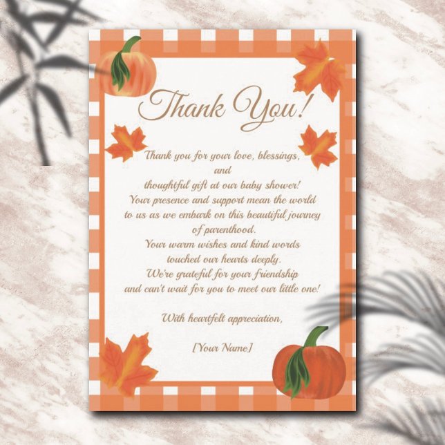 Cartão De Agradecimento Pumpkin Orange Gingham Fall Chá de fraldas (Criador carregado)