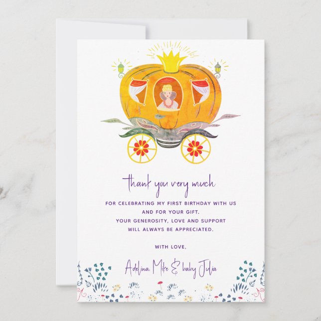 Cartão De Agradecimento Pumpkin Princesa Carruagem Flores Selvagens Aniver (Frente)