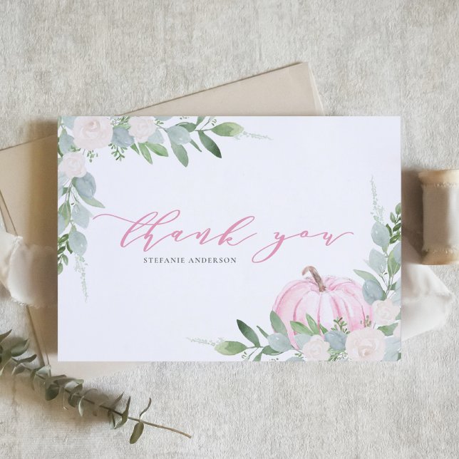 Cartão De Agradecimento Pumpkin rosa e Chá de fraldas de outono verde (Criador carregado)