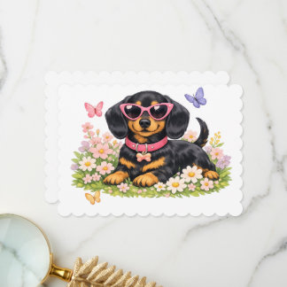 Cartão De Agradecimento Puppy with Sunglasses and Butterflies on Flowers