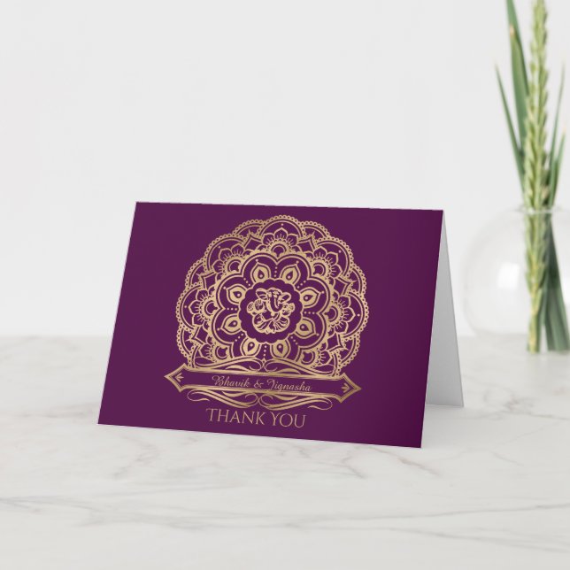 Cartão De Agradecimento Purple and Gold Mandala Indian Thank You card (Frente)