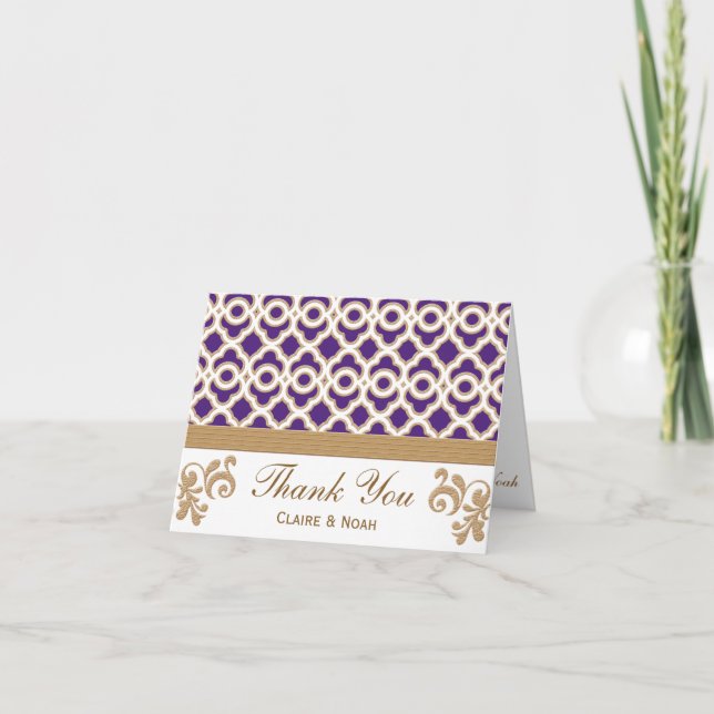 Cartão De Agradecimento Purple and Gold Moroccan Thank You Wedding Card (Frente)