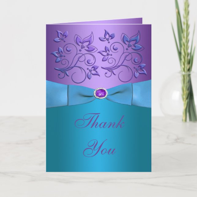 Cartão De Agradecimento Purple and Turquoise Floral Thank You Card (Frente)