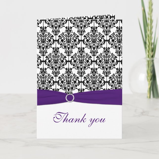 Cartão De Agradecimento Purple, Black, and White Damask Thank You Card (Frente)
