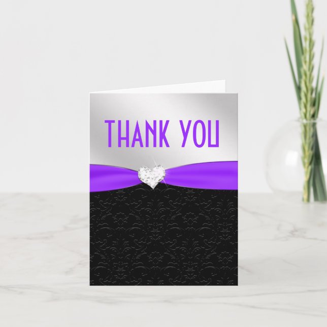 Cartão De Agradecimento Purple Black Floral Damask Diamond Thank You (Frente)