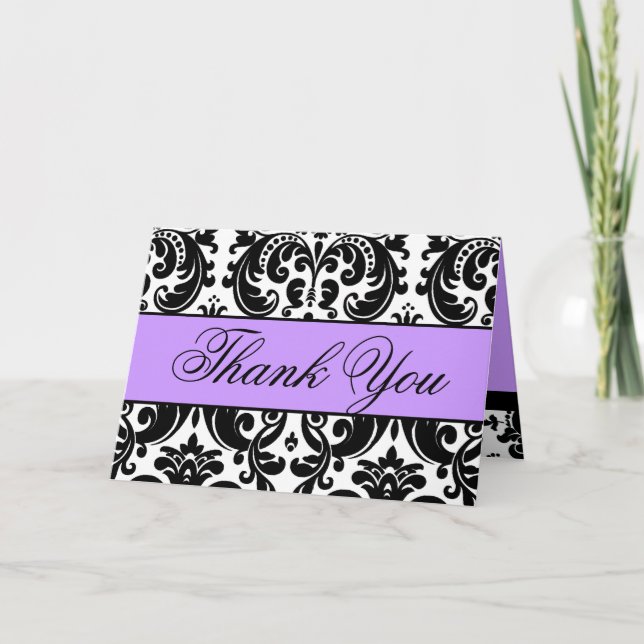 Cartão De Agradecimento Purple Black White Damask Thank You Card (Frente)
