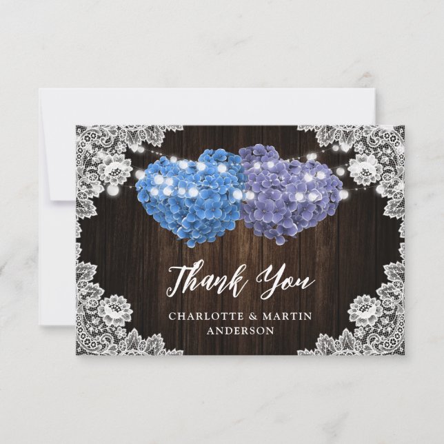 Cartão De Agradecimento Purple Blue Rustic Wood Lace Floral Wedding (Frente)