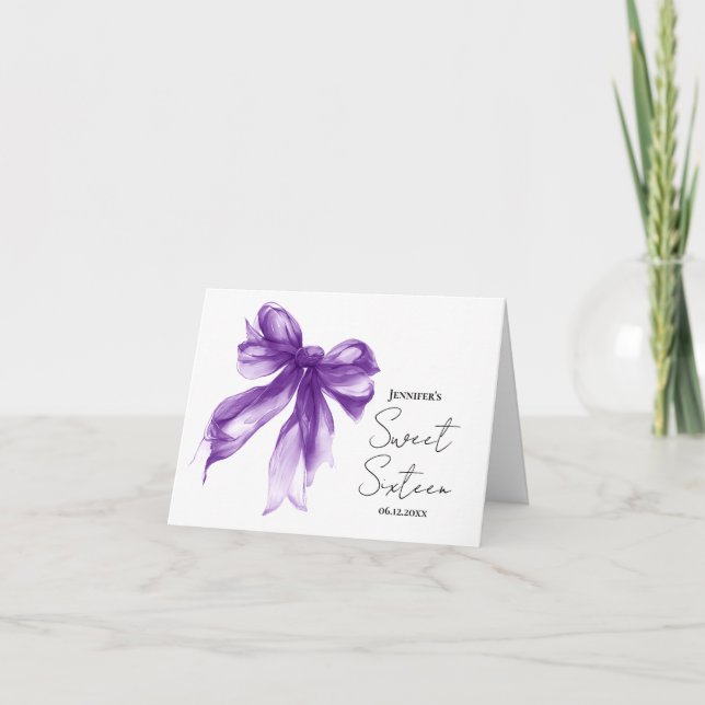 Cartão De Agradecimento Purple Bow Coquette Script Sweet 16 Thank You  (Frente)