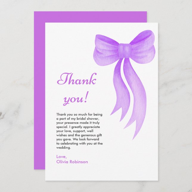 Cartão De Agradecimento Purple Bow She's Tying the Knot Bridal Shower  (Frente/Verso)