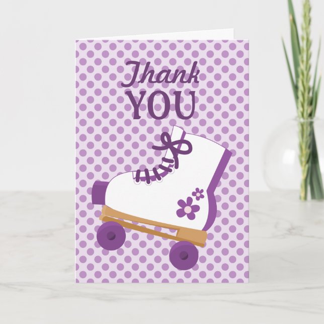 Cartão De Agradecimento Purple Dots Roller Skate Birthday Thank You Card (Frente)