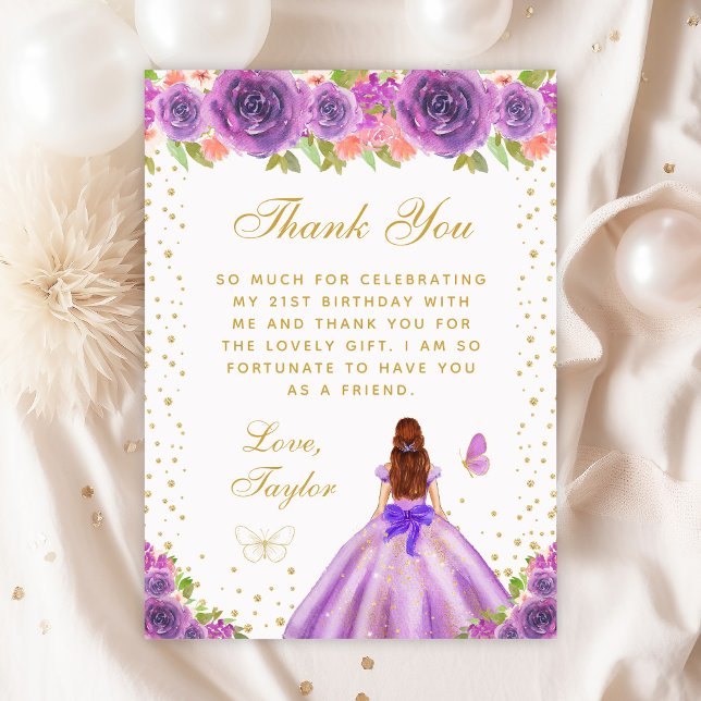 Cartão De Agradecimento Purple Floral Brown Hair Princess Festa de anivers (Criador carregado)