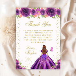 Cartão De Agradecimento Purple Floral Brown Hair Princess Festa de anivers