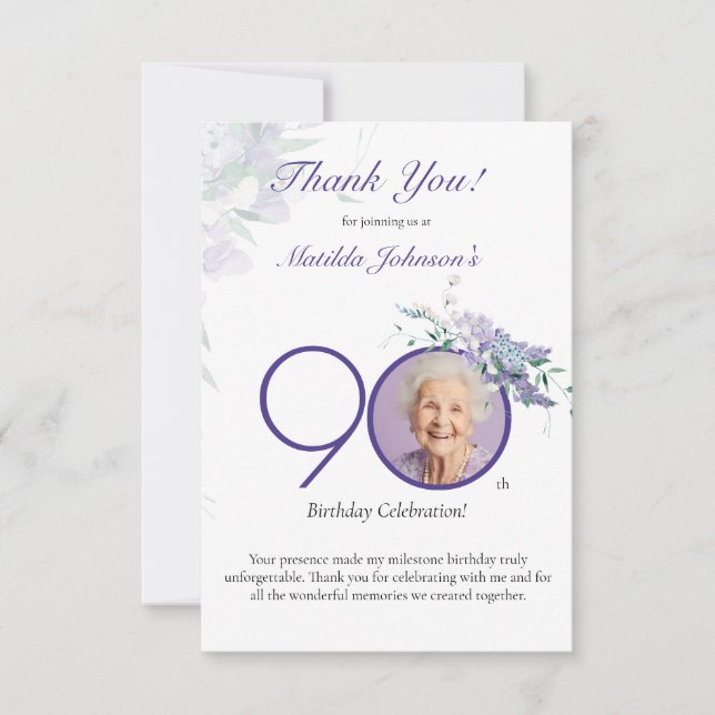 Cartão De Agradecimento Purple Floral Elegant Custom Photo 90th Birthday (Frente)