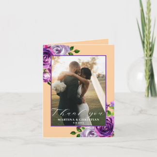 Cartão De Agradecimento Purple Floral Photo Wedding Folded 
