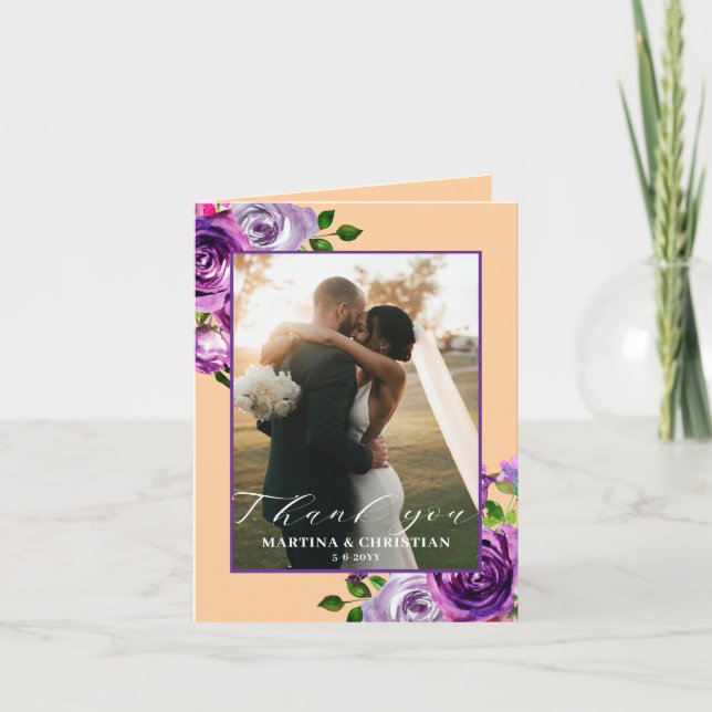 Cartão De Agradecimento Purple Floral Photo Wedding Folded  (Frente)