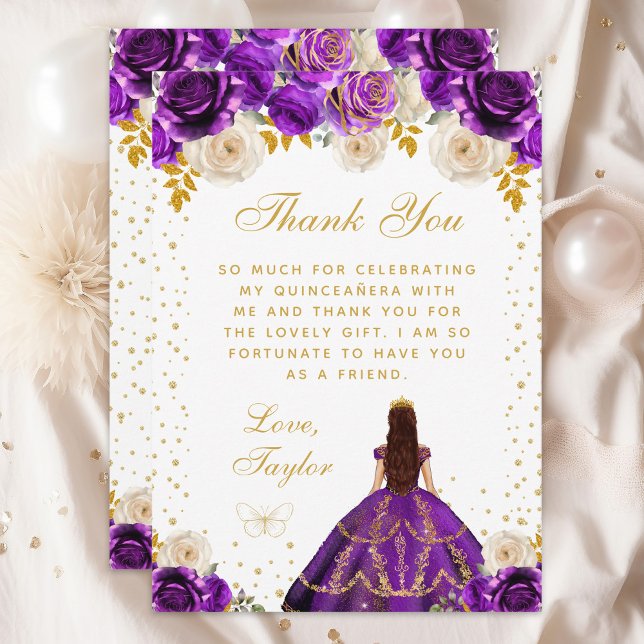 Cartão De Agradecimento Purple Floral Princess Quinceañera (Criador carregado)