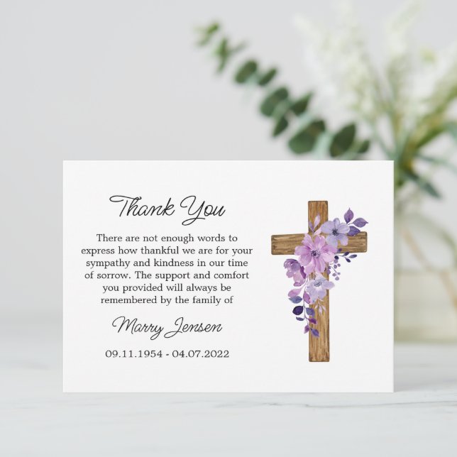 Cartão De Agradecimento Purple flower Cross Sympathy Thank You Card (Em pé/Frente)
