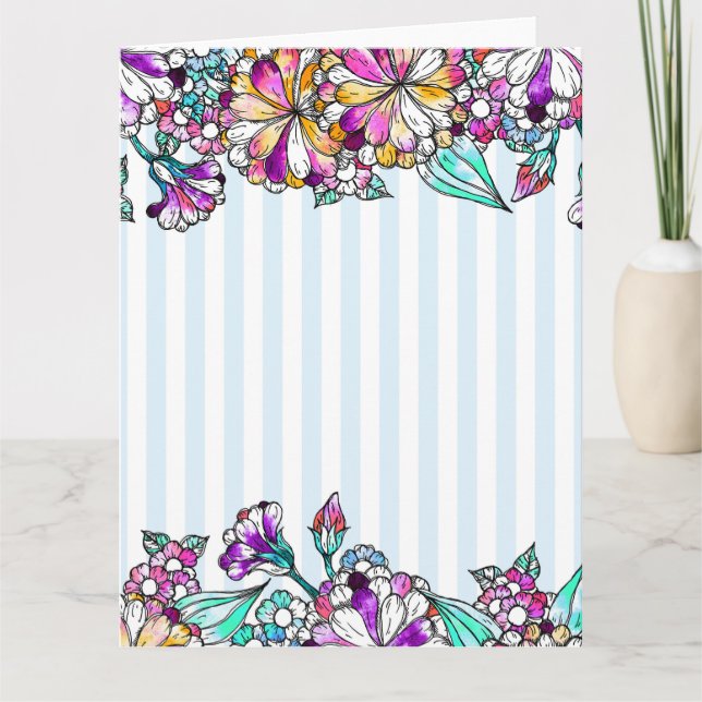 Cartão De Agradecimento Purple flowers and light blue stripes (Frente)