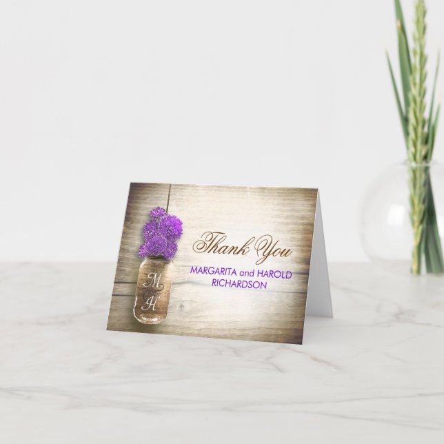 Cartão De Agradecimento Purple flowers mason jar wedding thank you cards (Frente)