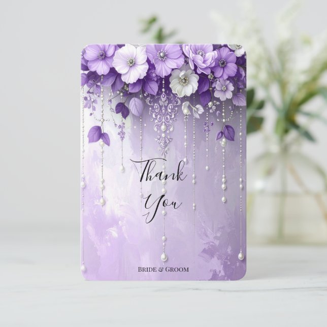 Cartão De Agradecimento Purple Flowers with Dangling Pearls Thank You Card (Em pé/Frente)