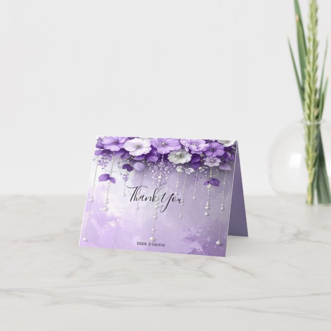 Cartão De Agradecimento Purple Flowers with Dangling Pearls Thank You Card (Frente)