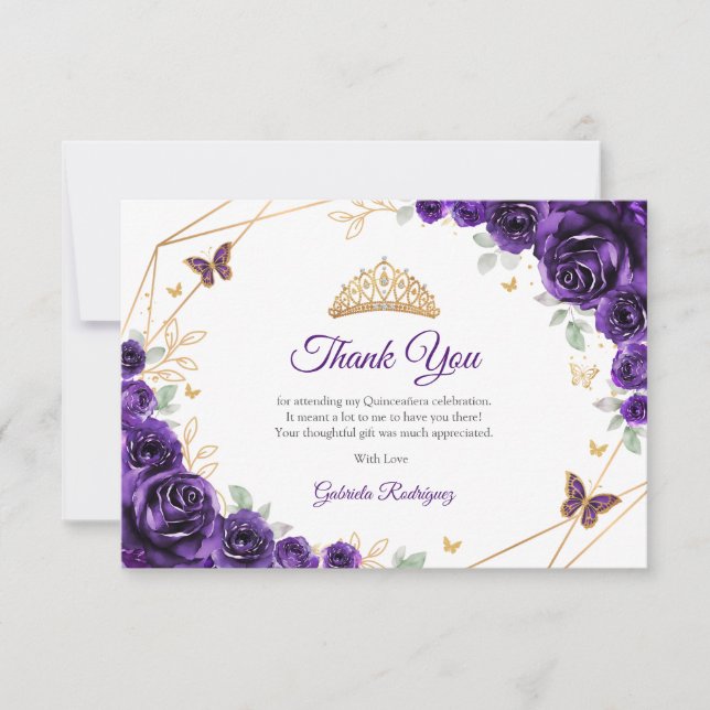 Cartão De Agradecimento Purple Gold Floral Quinceanera (Frente)