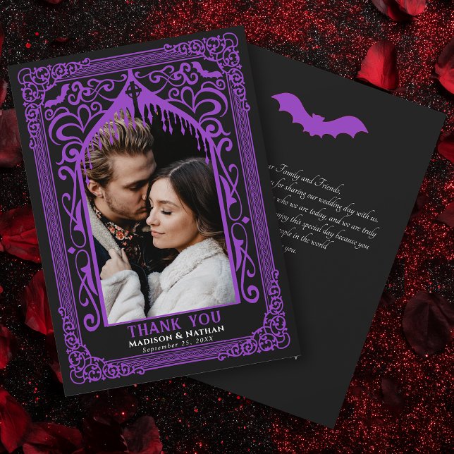 Cartão De Agradecimento Purple Gothic Vampire Cathedral Photo Wedding (Criador carregado)