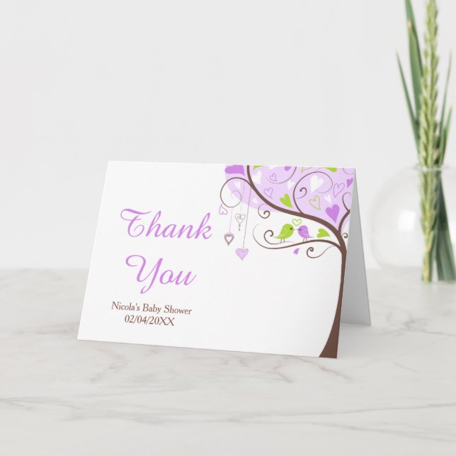 Cartão De Agradecimento Purple & Green Floral Bird Baby Shower Thank You (Frente)