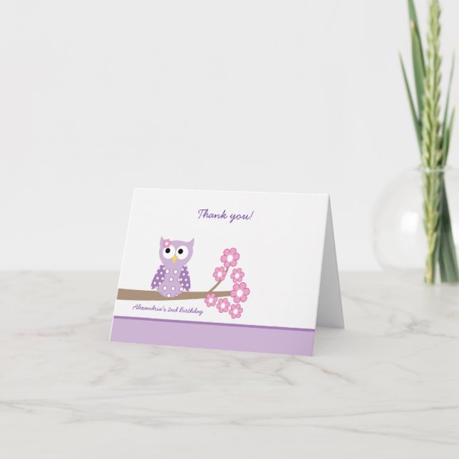 Cartão De Agradecimento Purple Hoot Owl Girl Birthday Thank you Purple (Frente)