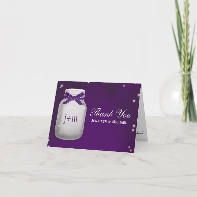 Cartão De Agradecimento Purple Mason Jar with Fireflies Wedding Thank You (Frente)