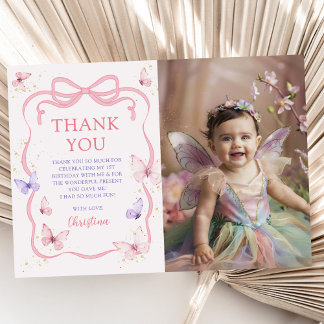 Cartão De Agradecimento Purple Pink Bow Butterfly Birthday Party Photo