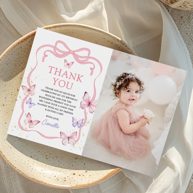 Cartão De Agradecimento Purple Pink Bow Butterfly Girl Birthday Photo (Criador carregado)