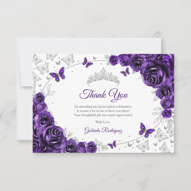Cartão De Agradecimento Purple Silver Floral Quinceanera (Frente)