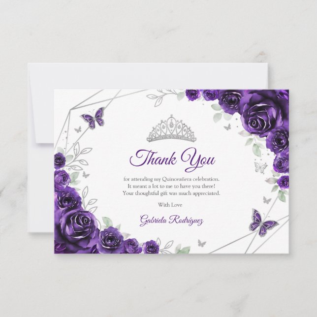 Cartão De Agradecimento Purple Silver Floral Quinceanera (Frente)