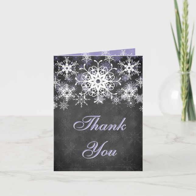 Cartão De Agradecimento Purple Snowy Chalkboard Wedding Thank You Card (Frente)