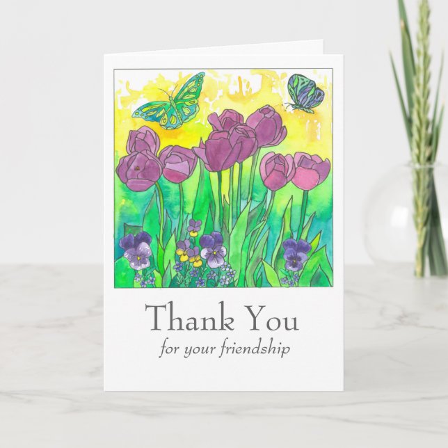 Cartão De Agradecimento Purple Tulips Pansies Thank You Friendship (Frente)