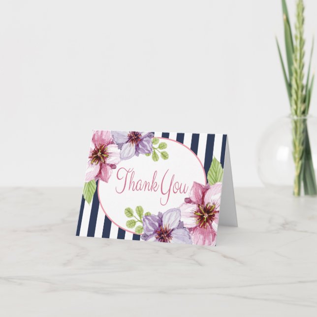 Cartão De Agradecimento Púrpura Floral Aquarela Agradeço As Bandas Azuis (Frente)