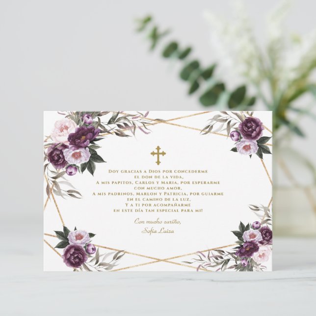 Cartão De Agradecimento Púrpura Floral Gracias Con Oración Bautizo (Em pé/Frente)