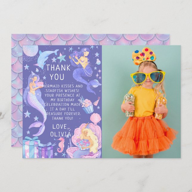 Cartão De Agradecimento Púrpura Nossa Pequena Sereia Todos Os Anos Anivers (Frente/Verso)