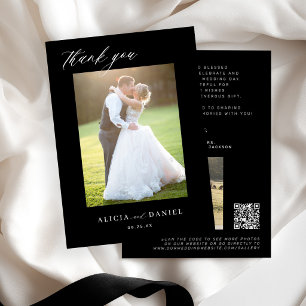 Cartão De Agradecimento QR CODE casamento negro com fotos elegantes modern