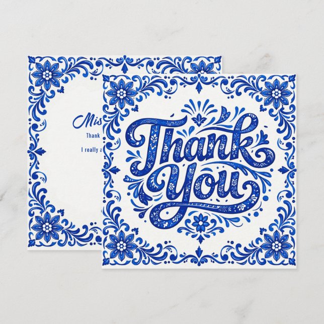 💙 Cartão de Agradecimento Quadrado Azulejo  (Frente/Verso)