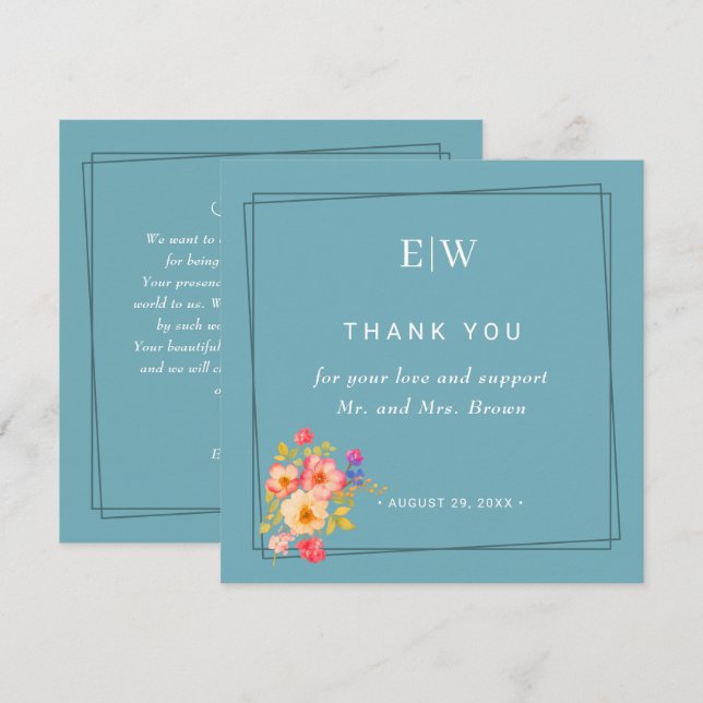 Cartão De Agradecimento Quadro com Rosas, estilo de casamento em azul retr (Frente/Verso)