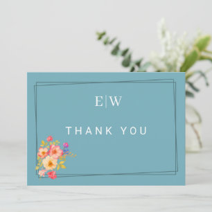 Cartão De Agradecimento Quadro com Rosas, estilo de casamento em azul retr