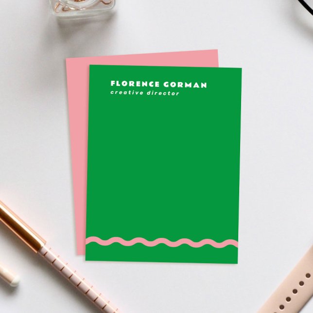 Cartão De Agradecimento Quadro de onda verde-brilhante e rosa pessoal (bright Kelly green personal stationery note cards with rose pink backer and wavy line detail)