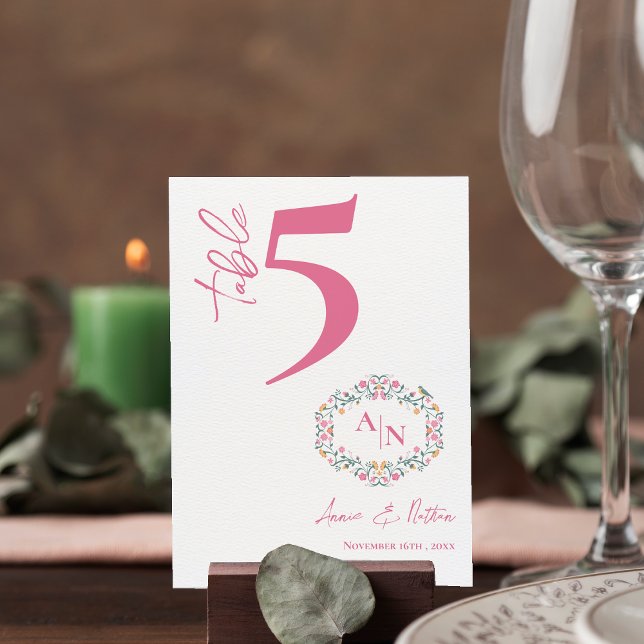 Cartão De Agradecimento Quadro Floral Número da Tabela de Casamento do Mon (Floral Frame Chic Monogram Wedding Table Number)
