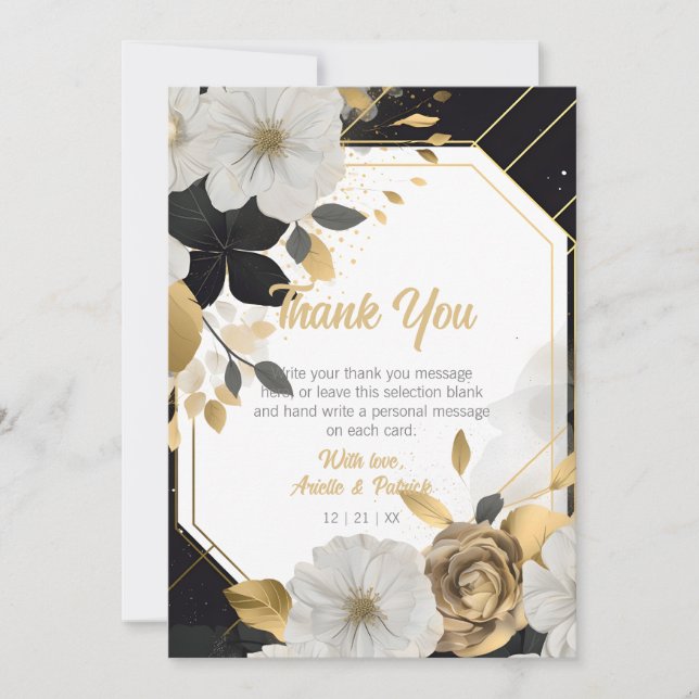 Cartão De Agradecimento Quadro Negro Dourado de Casamento Floral Branco El (Frente)