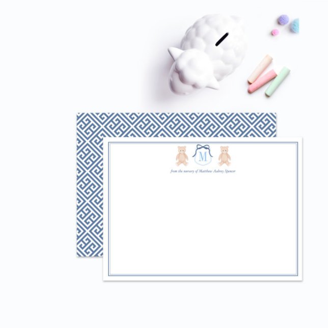 Cartão De Agradecimento Quarto de Bebê Clássico Urso Teddy Azul e Branco M (Classic vintage watercolor teddy monogram baby boy shower thank you cards in navy and white)