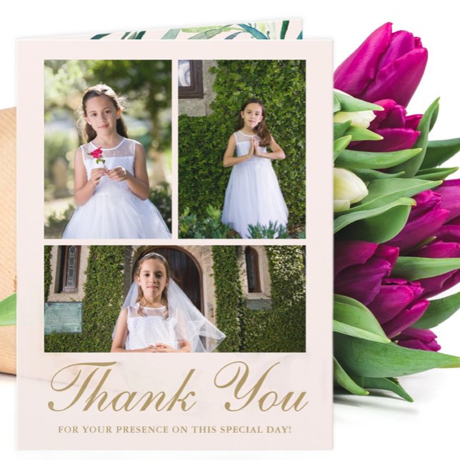 Cartão De Agradecimento Quatro Foto Greenery First Communion Blush (Criador carregado)