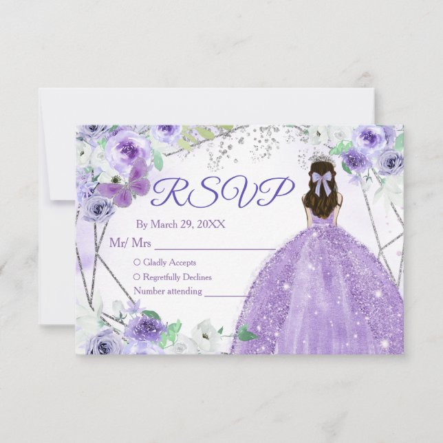 Cartão De Agradecimento Quinceañera 15 Anos Silver & Purple RSVP Card (Frente)