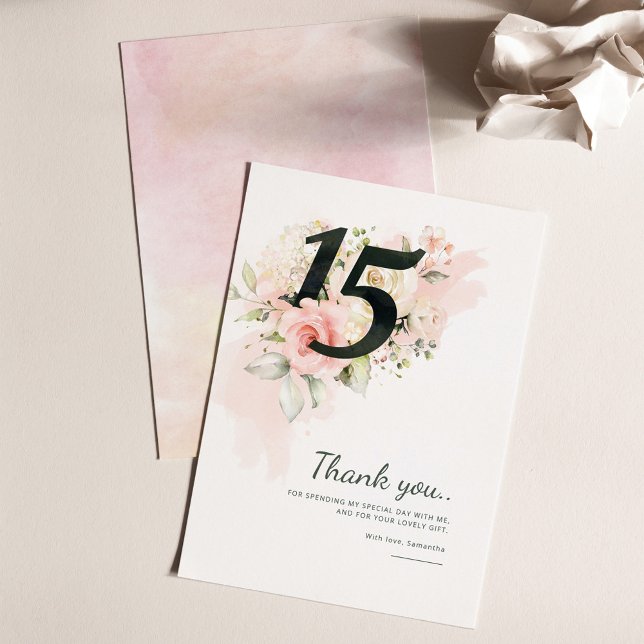 Cartão De Agradecimento Quinceanera 15 Birthday Pink Floral (Floral Quinceanera 15th Birthday Party Thank You Card)